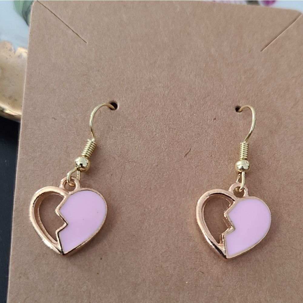 New Hand Crafted Cute Pink & Gold Broken Heart Earrings 14K Gold Plated Hooks